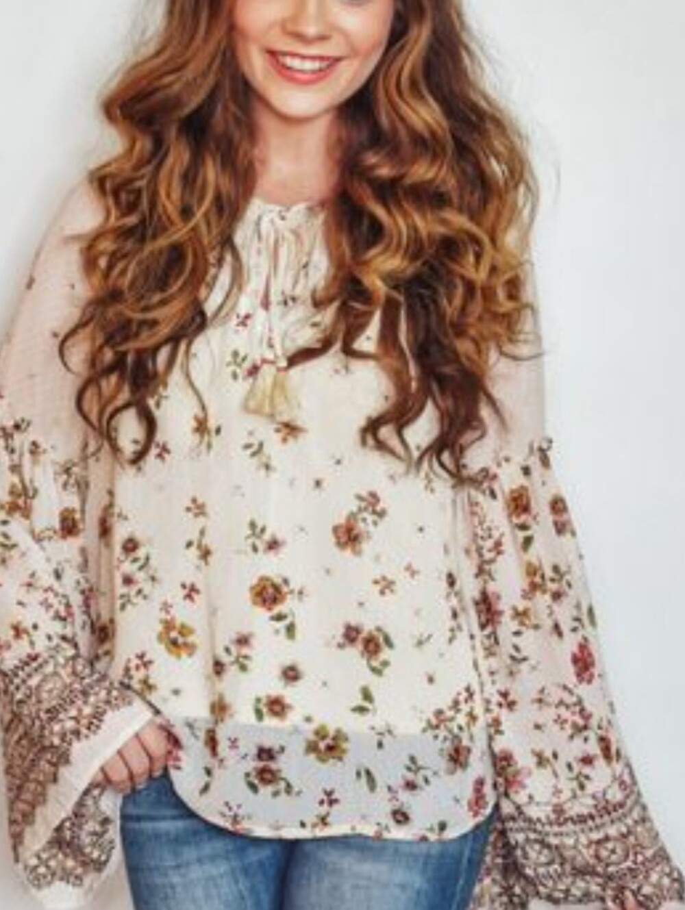Lovestitch Floral Bell Sleeve Peasant Top Women's Size Small Boho Festival